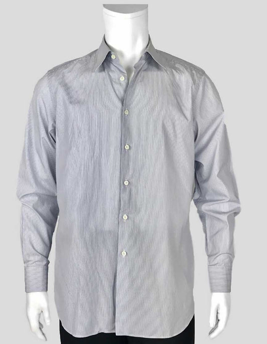 Prada Blue And White Pinstriped Tailored Button Down Dress Shirt With Single Button Barrel Cuffs 41/16