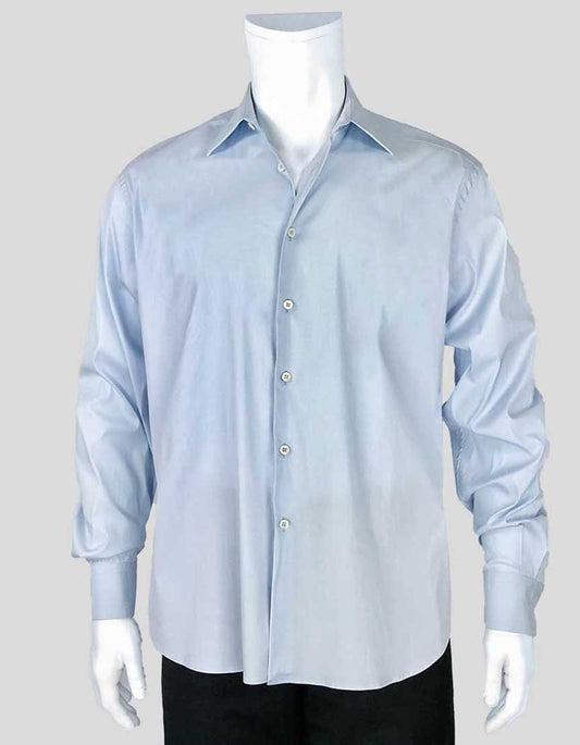 Prada Light Blue Button Down Tailored Shirt With Single Button Barrel Cuffs Size 41/16