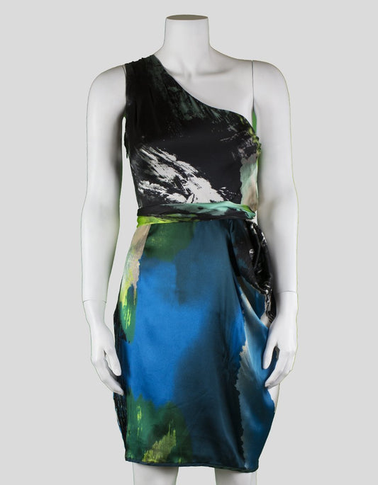 Black Halo One Shoulder To The Knee Abstract Print Silk Dress Size 4