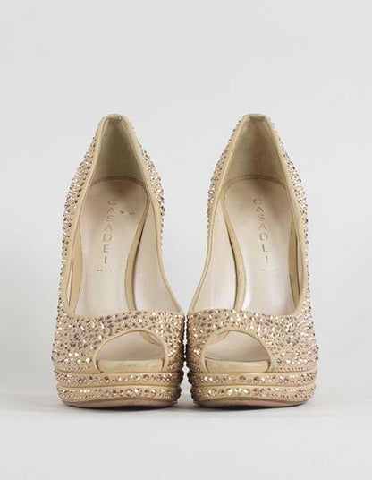 Casadei Rhinestone Platform Peep Toe Evening Pumps Size 9 US