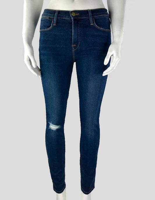 Frame Le High Skinny Five Pocket Zipper Front Denim Jeans With Distressing On Right Knee Size 26