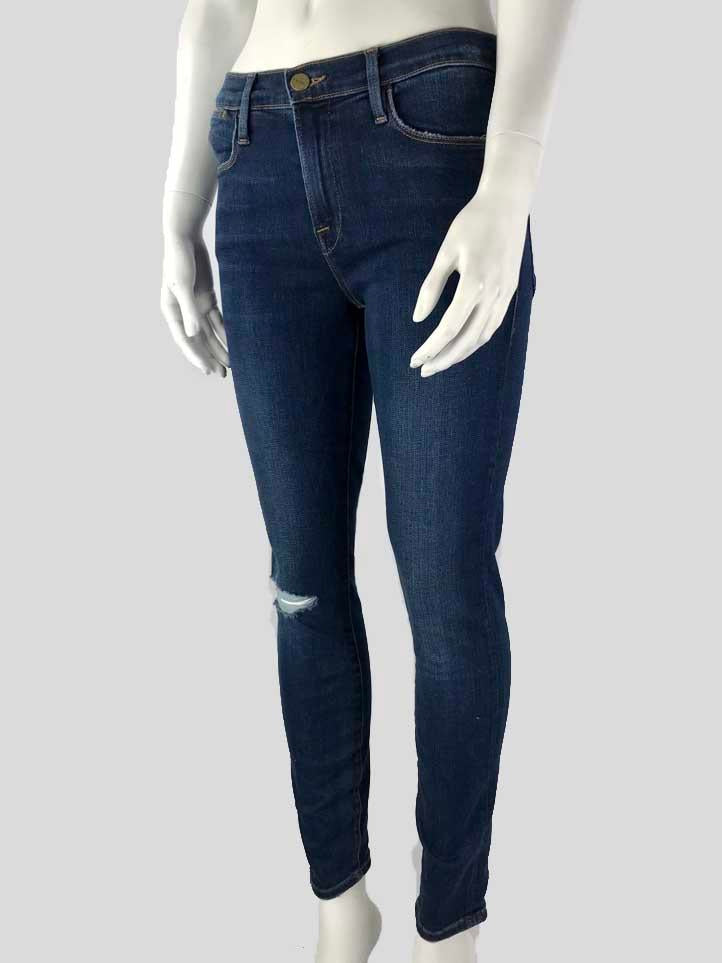 Frame Le High Skinny Five Pocket Zipper Front Denim Jeans With Distressing On Right Knee Size 26