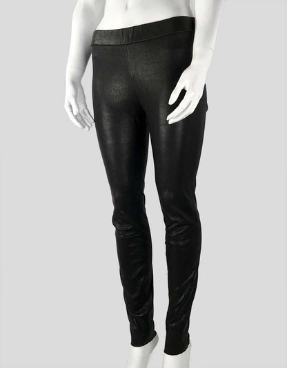 J. Crew Collection Black Leather Leggings With Elasticated Waist And Unfinished Hem Size 2 US