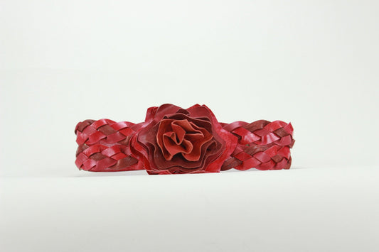 Streets Ahead Red Leather Weave Waist Belt With Flower Detail Small