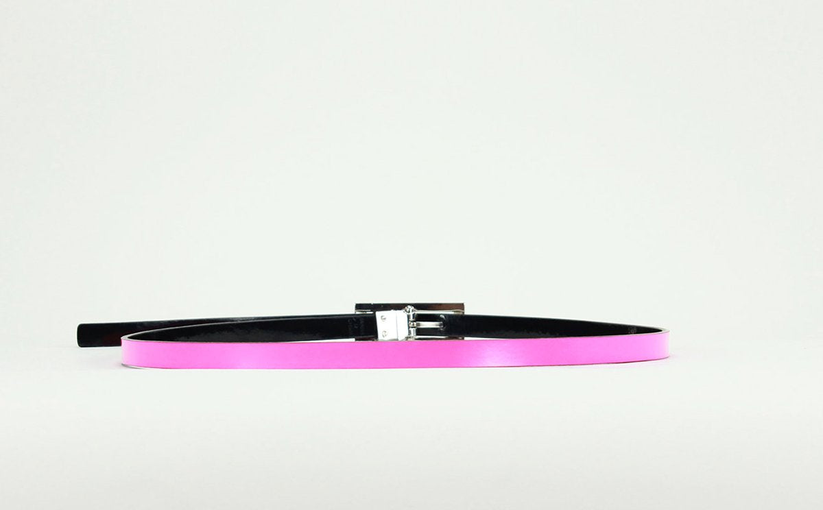 Micheal Kors Reversible Black And Hot Pink Patent Leather Skinny Belt With Silver Buckle