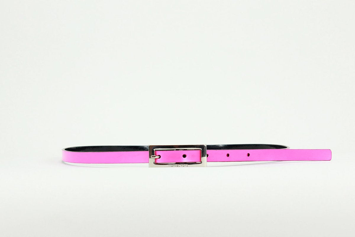 Micheal Kors Reversible Black And Hot Pink Patent Leather Skinny Belt With Silver Buckle