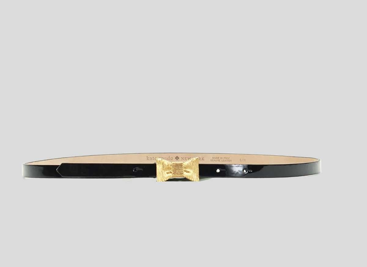 Kate Spade Black Patent Leather Skinny Waist Belt With Gold Tone Medal Ribbon Closure