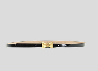 Kate Spade Black Patent Leather Skinny Waist Belt With Gold Tone Medal Ribbon Closure