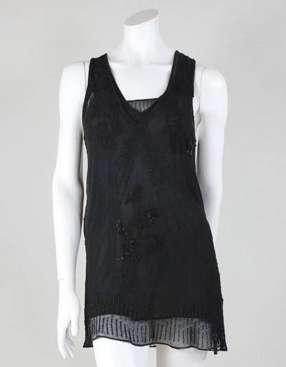 All Saints Black Sheer Mini Dress With Slip Belt And Sequins Sleeveless Tank Style Dress