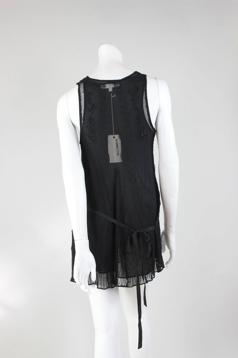 All Saints Black Sheer Mini Dress With Slip Belt And Sequins Sleeveless Tank Style Dress