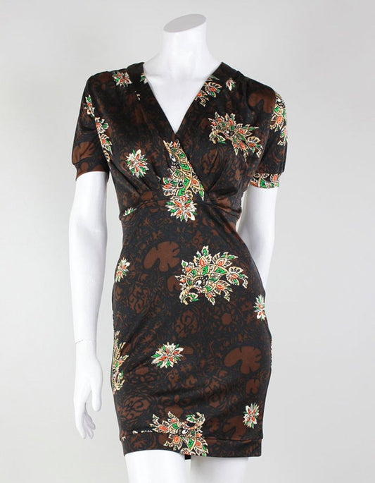 Nieves Lavi Brown And Black Floral Design Short Sleeve Mini Dress