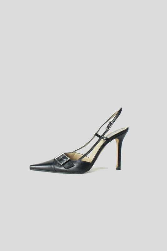 Sergio Rossi Black Leather Slingback Heels With Silver Tone Buckle Accents And Leather Covered Heels Size 37.5