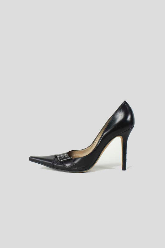 Sergio Rossi Black Leather Pumps With Silver Tone Buckle Accents And Leather Covered Heels Size 37.5