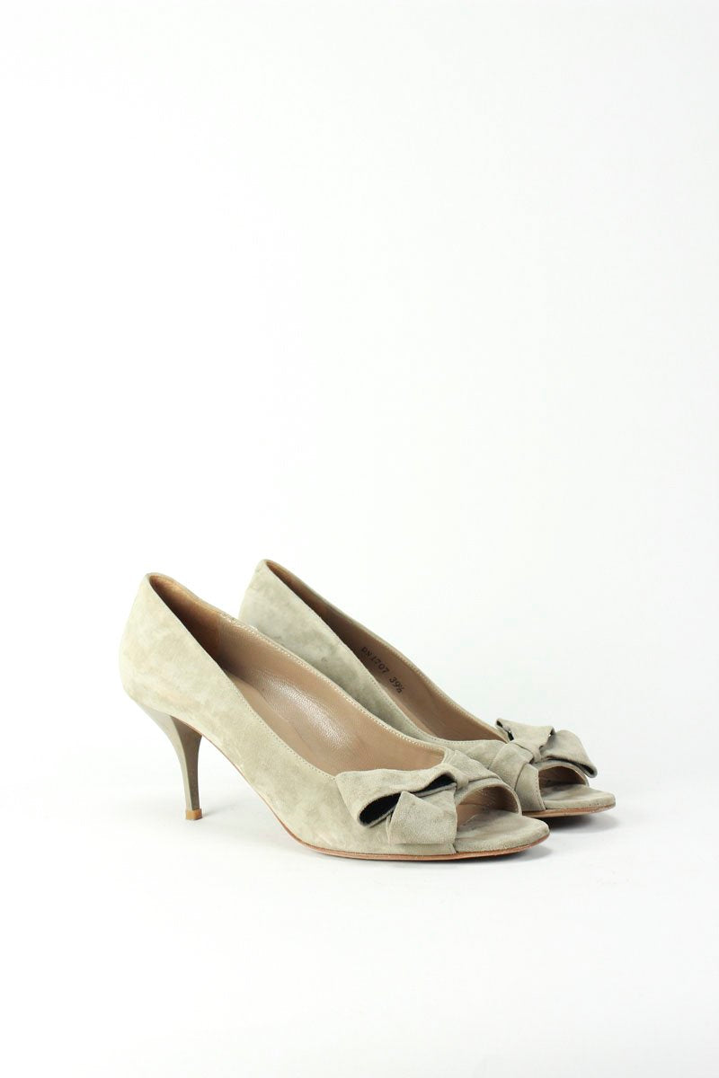 Bruno Magli Grey Suede Peep Toe Heeled Pump With Grey Patent