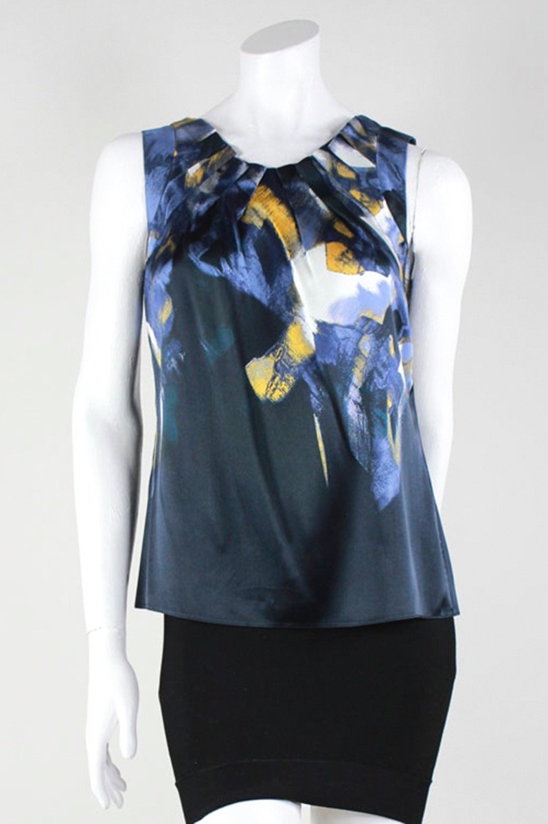 Elie Tahari Blue And Yellow Abstract Print Sleeveless Blouse With Pleated V-Neckline Size's P