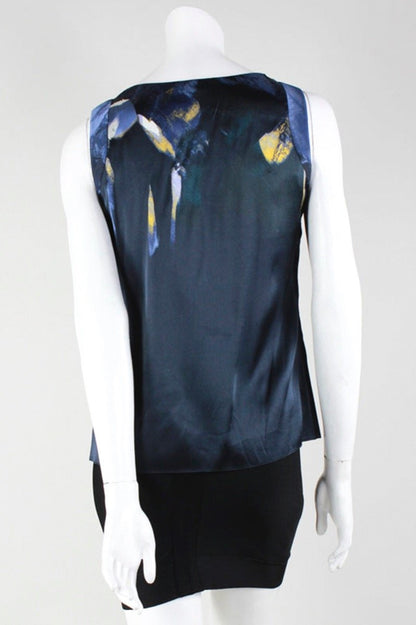 Elie Tahari Blue And Yellow Abstract Print Sleeveless Blouse With Pleated V-Neckline Size's P