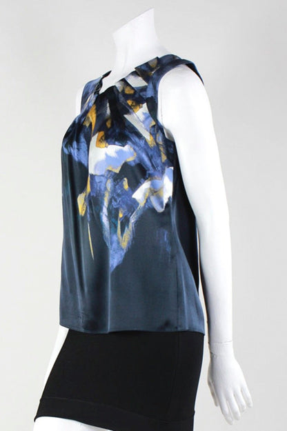 Elie Tahari Blue And Yellow Abstract Print Sleeveless Blouse With Pleated V-Neckline Size's P