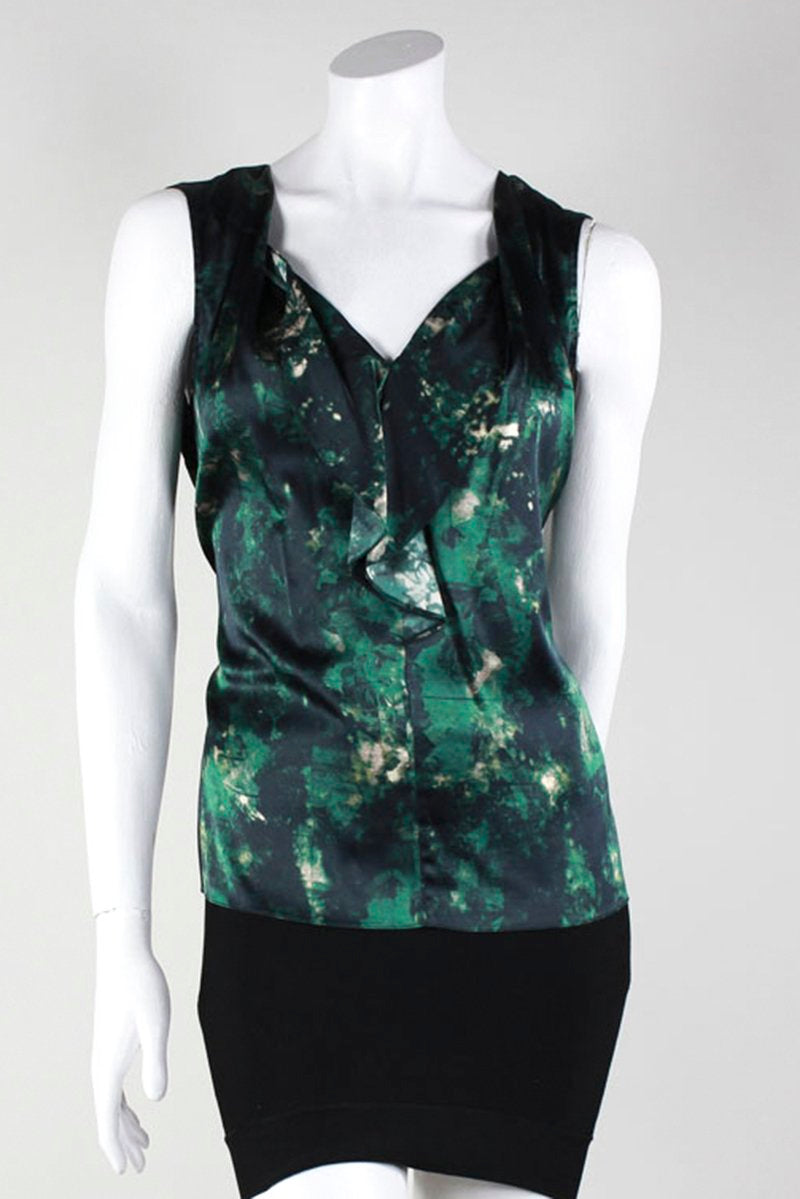 Elie Tahari Green Black And Cream Abstract Print Sleeveless Blouse Size L