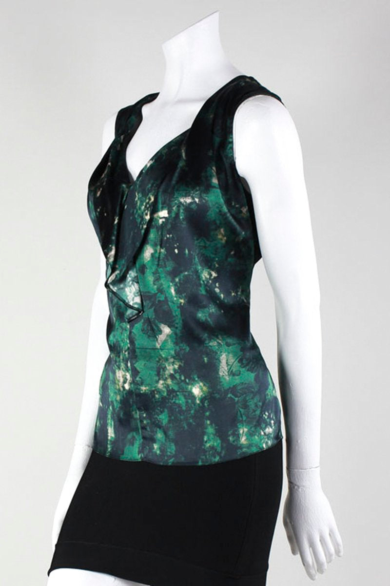 Elie Tahari Green Black And Cream Abstract Print Sleeveless Blouse Size L