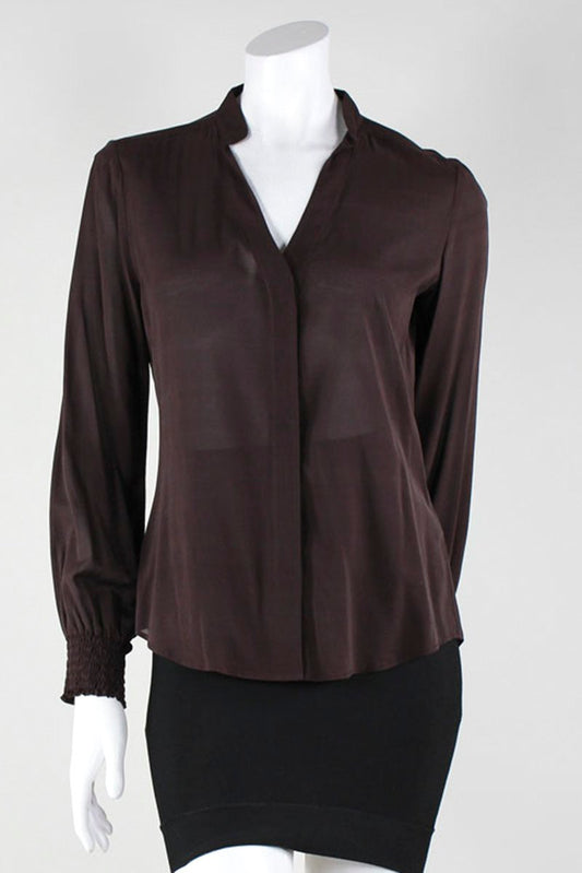 Theory Long Sleeve Button Front Collarless Blouse With Elasticated Sleeves Size Medium