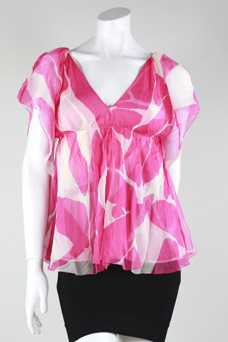 Diane Von Furstenberg Short Sleeve Pink And White Blouse V-Neck Front And V Back Size 0