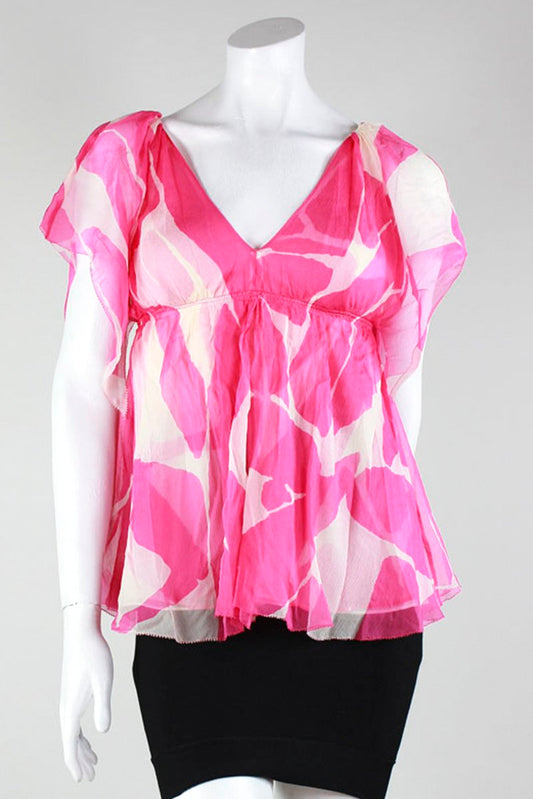 Diane Von Furstenberg Short Sleeve Pink And White Blouse V-Neck Front And V Back Size 0