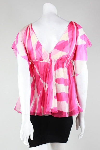 Diane Von Furstenberg Short Sleeve Pink And White Blouse V-Neck Front And V Back Size 0