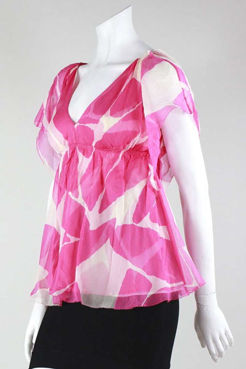 Diane Von Furstenberg Short Sleeve Pink And White Blouse V-Neck Front And V Back Size 0