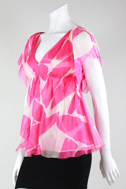 Diane Von Furstenberg Short Sleeve Pink And White Blouse V-Neck Front And V Back Size 0