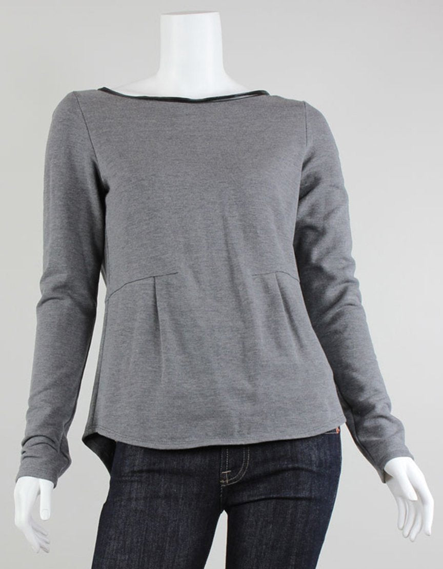 Rebecca Taylor Terry Top Long Sleeve Portrait Neck With Leather Trim Size 4