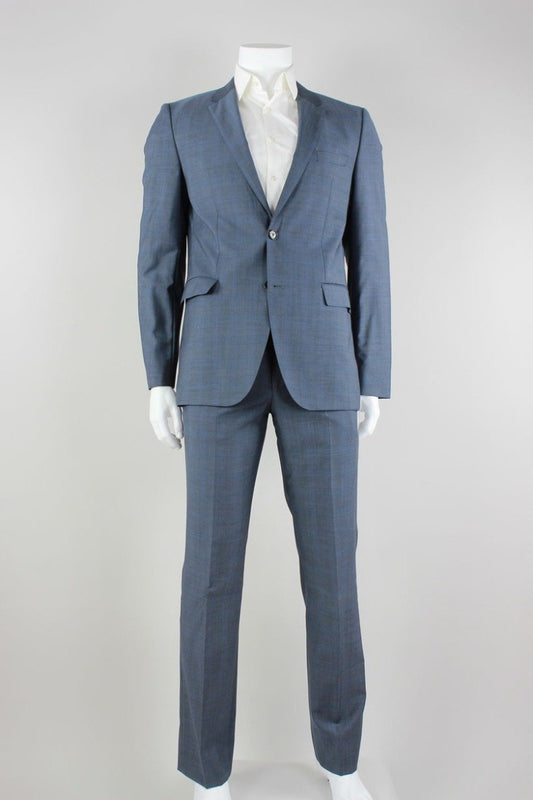 Hugo Boss Blue On Blue Plaid Two Button Single Vent With Flat Front Pants 42L