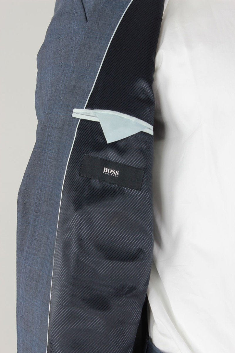 Hugo Boss Blue On Blue Plaid Two Button Single Vent With Flat Front Pants 42L