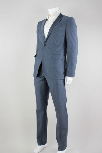 Hugo Boss Blue On Blue Plaid Two Button Single Vent With Flat Front Pants 42L