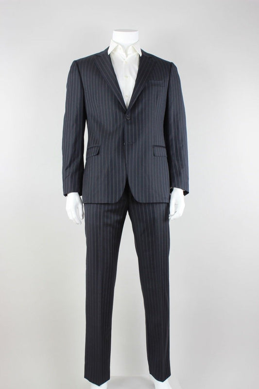 Z Zegna Black Pinstripe Two Button Double Vent Suit With Flat Front Pants 42R