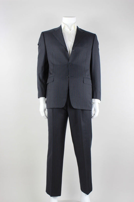 Canali Black Pinstripe Three Button Double Vent Pinstripe Suit With Pleated Pants 42R