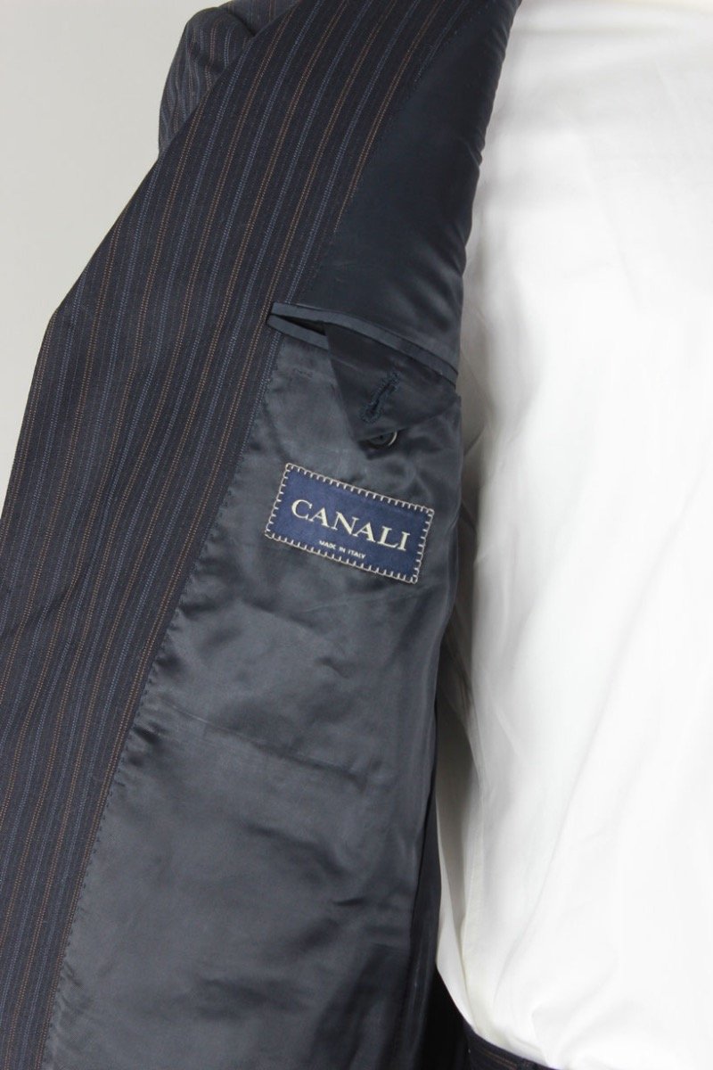 Canali Black Pinstripe Three Button Double Vent Pinstripe Suit With Pleated Pants 42R