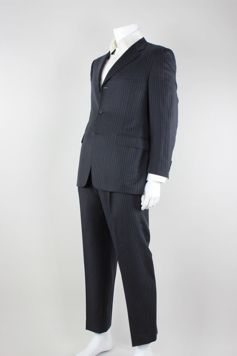 Canali Black Pinstripe Three Button Double Vent Pinstripe Suit With Pleated Pants 42R