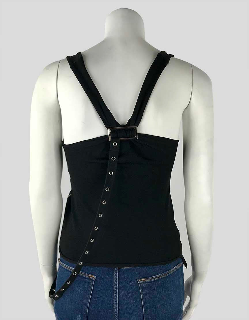 Karen Millen Sleeveless Black Strappy Knit Top With Belt Accent And Silver Tone Hardware Size 2 US