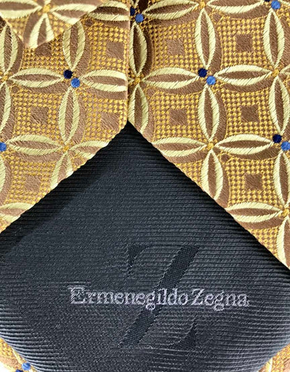 Ermenegildo Zegna Mustard And Blue Foulard Tie With Interlocking Square Design