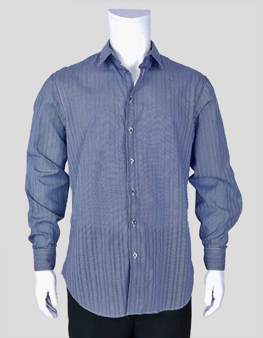 Giorgio Armani Navy And White Micro Dot Button Down Tailored Shirt 42 16.5