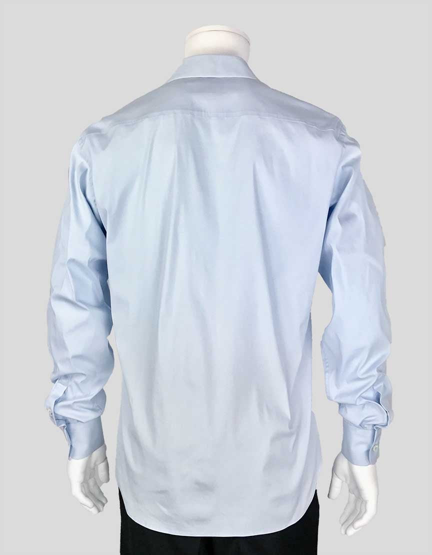 Prada Light Blue Button Down Tailored Shirt With Single Button Barrel Cuffs Size 41/16