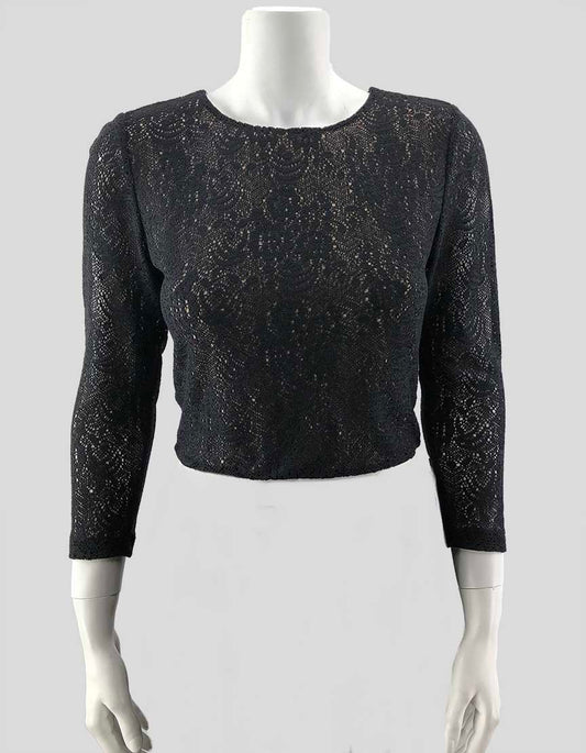 Alice + Olivia Black Patterned Crop Top With Cream Underlay - Medium