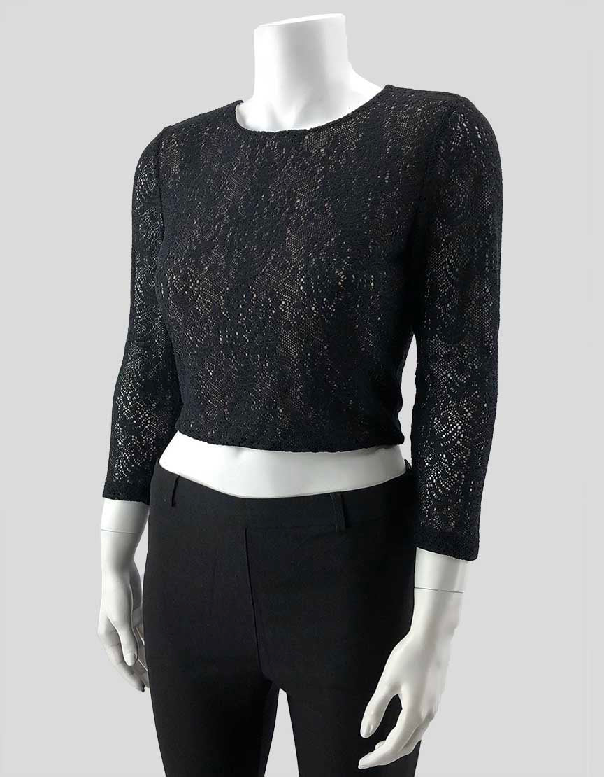 Alice + Olivia Black Patterned Crop Top With Cream Underlay - Medium