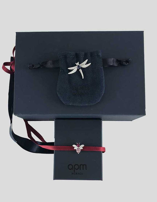 Apm Monaco Gift Set With Red Silver Bumble Bee Choker Bracelet And Blue Silver Dragonfly Brooch