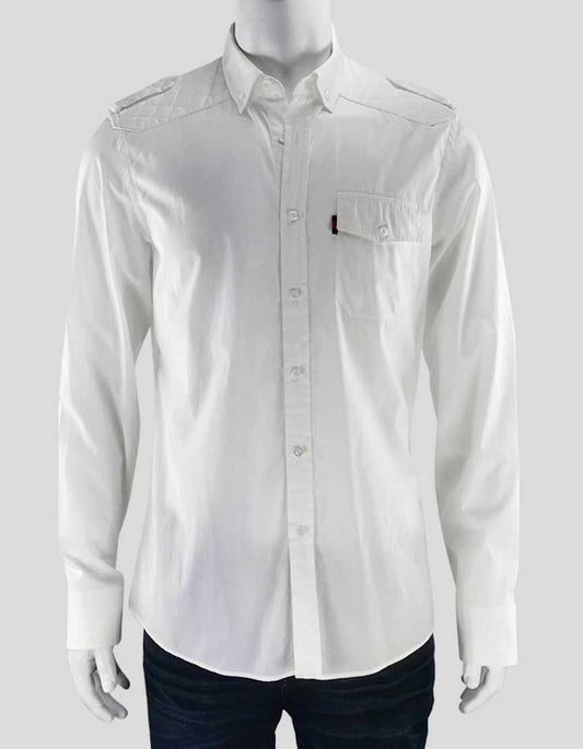 Gucci Men's White Cotton Shirt With Epaulets And Logo On Left Breast Pocket Size 16.5 US 44 Eu