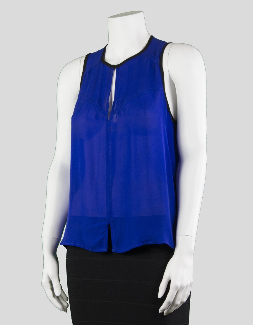 A.L.C. Blue Sleeveless A Line Blouse With Black Trim And Peep Hole At Collar And On Back And Slit At Front Waist Size Small