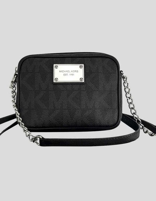 Kors Michael Kors Women's Jet Set Black Mk Signature Cross Body Bag Silver Tone Link And Leather Crossbody Strap