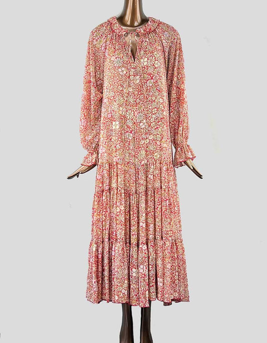 Free People Red Print A Line Maxi Dress With Tiers Small