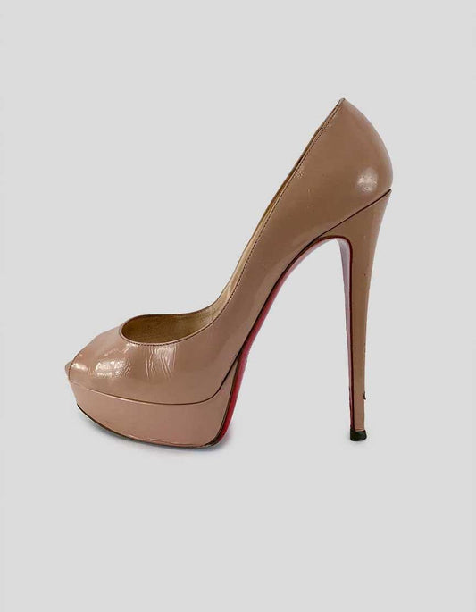 Christian Louboutin Fetish Peep Toe Platform Pump In Nude Patent Leather 38 It