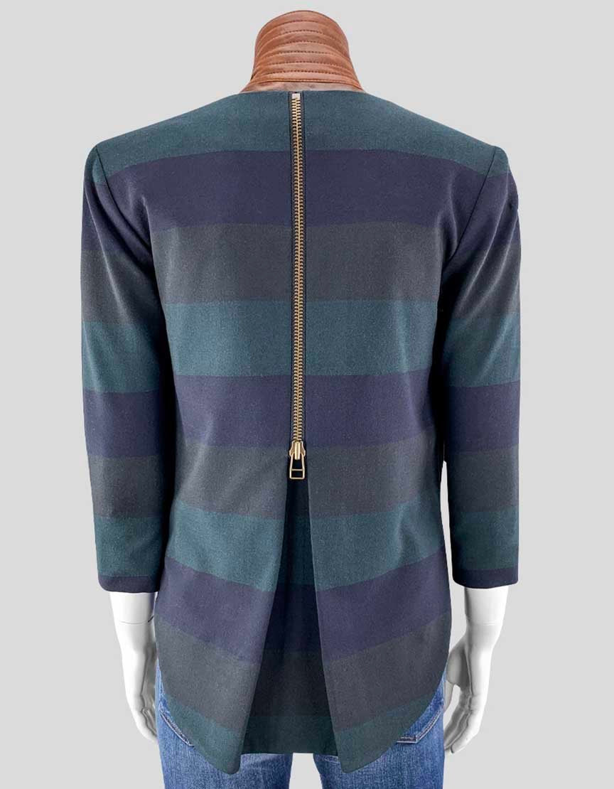 Veronica Beard Navy And Green Striped Blazer With Leather Bib 2 US